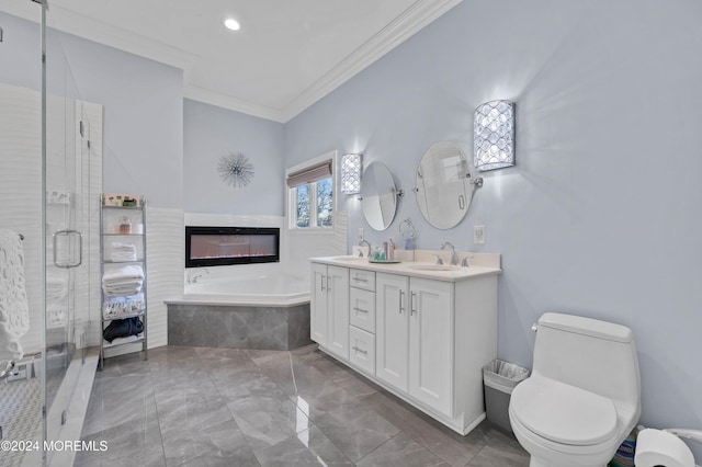 full bathroom with vanity, toilet, crown molding, and plus walk in shower