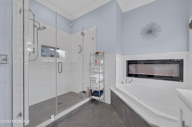 bathroom with independent shower and bath and ornamental molding