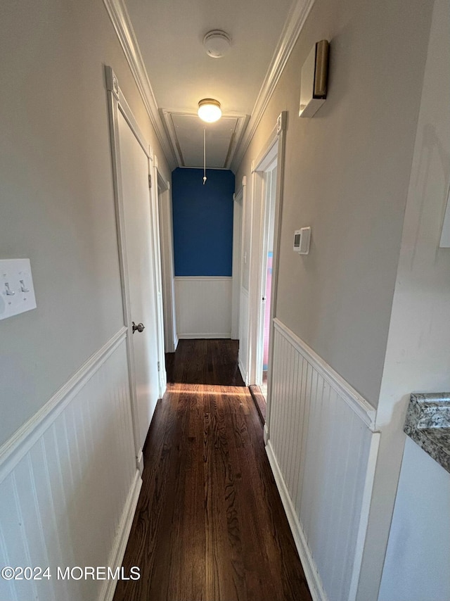 corridor featuring crown molding and dark hardwood / wood-style flooring