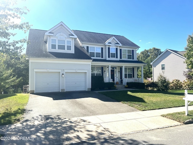 view of front of home with covered porch, a garage, and a front lawn