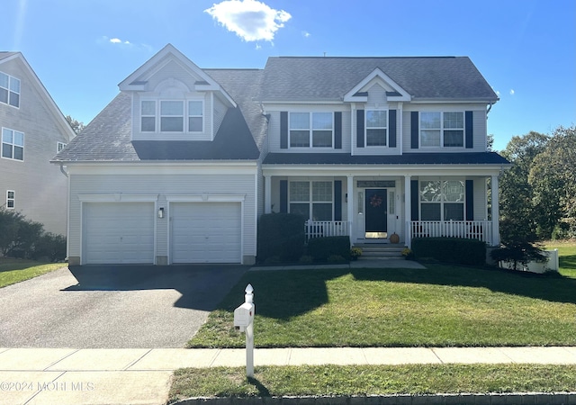 view of front of property with a porch, a garage, and a front lawn