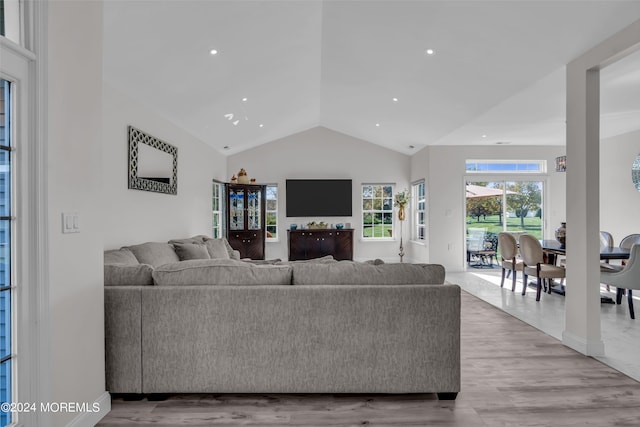 living room featuring vaulted ceiling and light hardwood / wood-style flooring