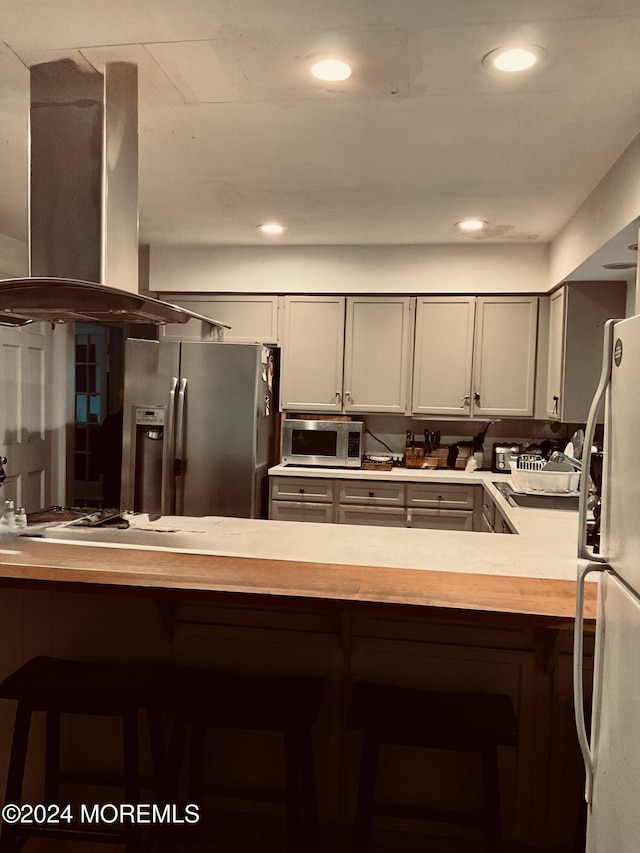 kitchen with a breakfast bar, island exhaust hood, and stainless steel appliances