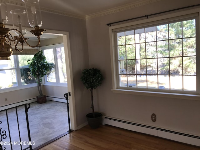 spare room featuring wood-type flooring, crown molding, a wealth of natural light, and a baseboard heating unit