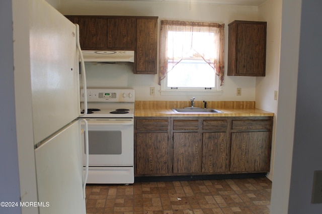 kitchen featuring dark brown cabinets, white appliances, and sink