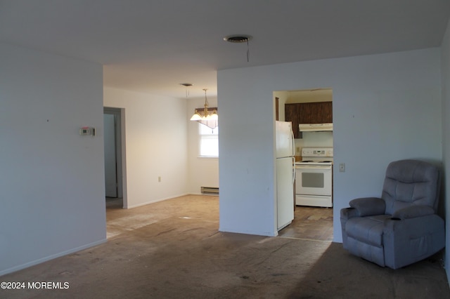 carpeted living room with a notable chandelier and baseboard heating