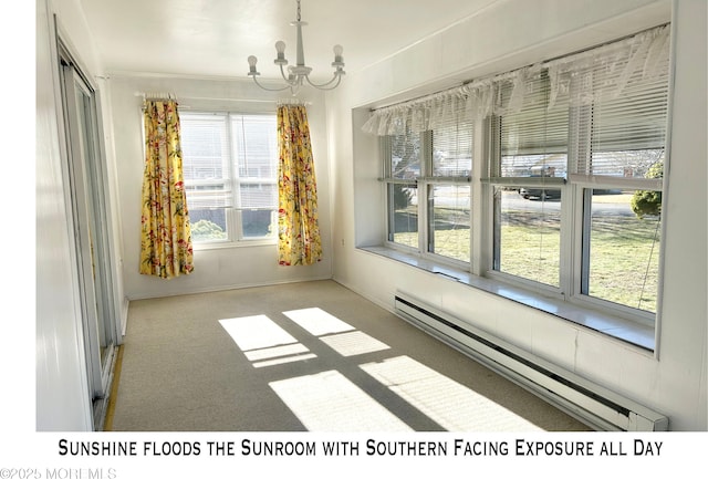 interior space featuring a notable chandelier, carpet floors, and a baseboard radiator