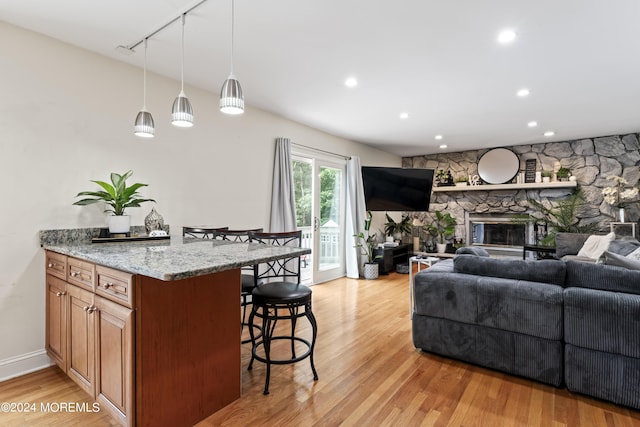 living room with a fireplace and light hardwood / wood-style floors