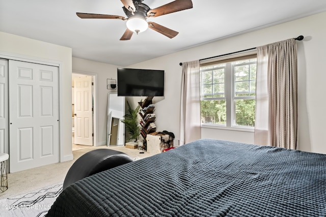 carpeted bedroom featuring ceiling fan and a closet