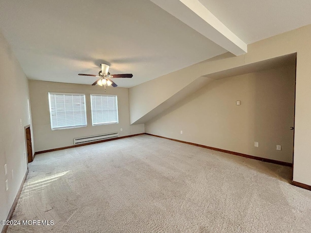 additional living space featuring beamed ceiling, light colored carpet, baseboard heating, and ceiling fan