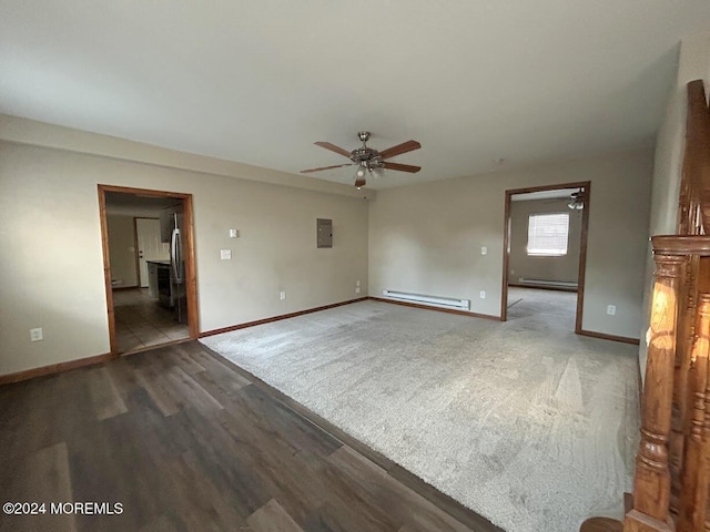 unfurnished living room with baseboard heating, electric panel, ceiling fan, and dark wood-type flooring