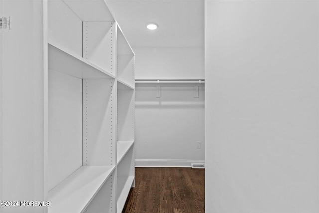 walk in closet with dark hardwood / wood-style flooring