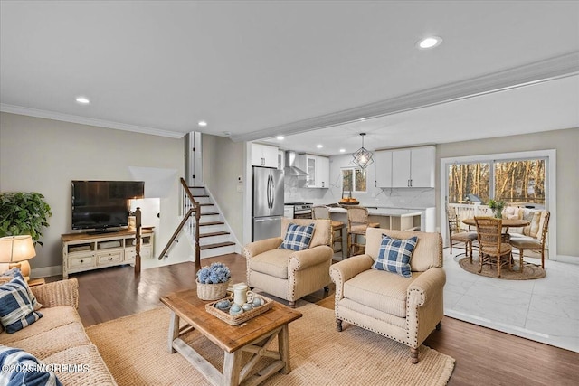 8 Chesapeake Rd, Manalapan, NJ 07726 - living area with crown molding, recessed lighting, stairs, wood finished floors, and baseboards