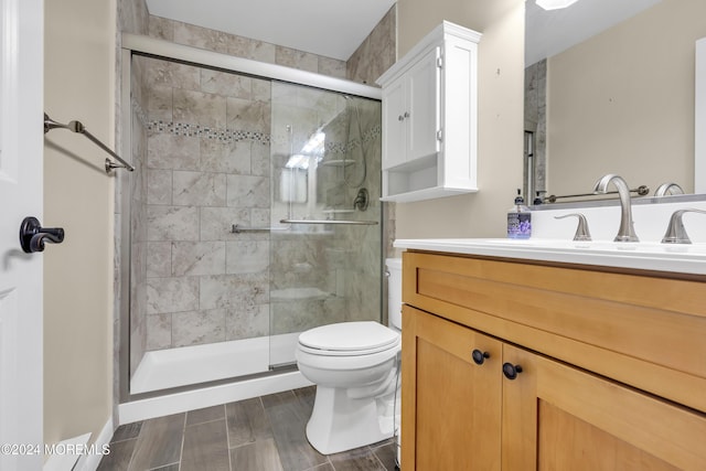 bathroom with vanity, toilet, and a shower with shower door