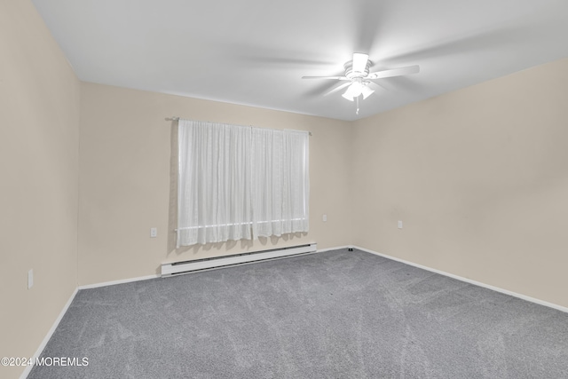 carpeted empty room with baseboard heating and ceiling fan