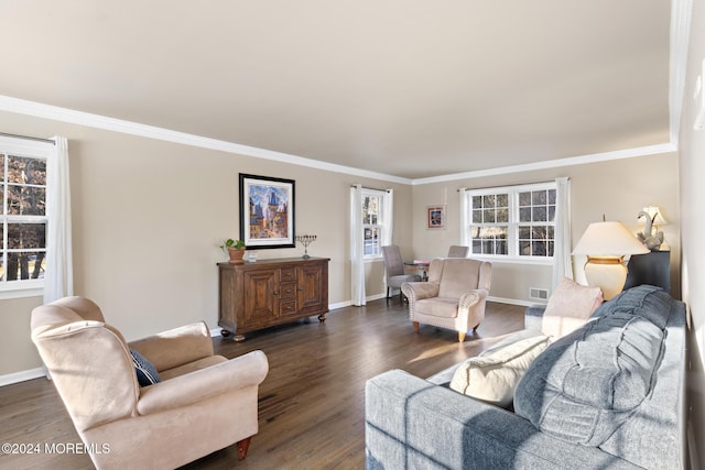 living room featuring dark hardwood / wood-style flooring and crown molding