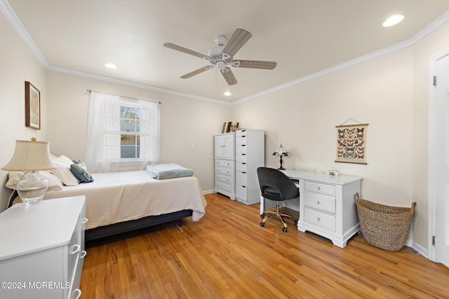 bedroom featuring light hardwood / wood-style flooring, ceiling fan, and ornamental molding