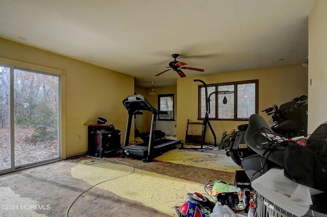 exercise room with carpet flooring, plenty of natural light, ceiling fan, and a textured ceiling