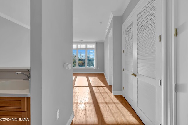 hallway featuring sink, light hardwood / wood-style floors, and ornamental molding