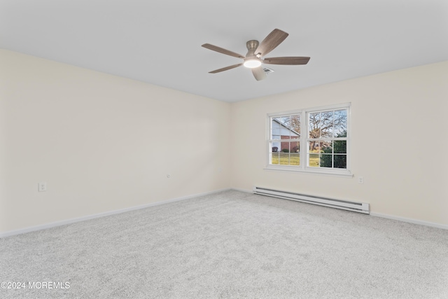 carpeted spare room featuring ceiling fan and a baseboard radiator