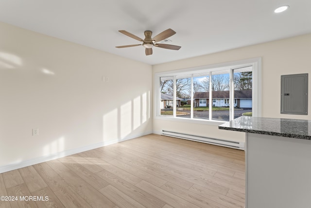 unfurnished living room with electric panel, a baseboard radiator, light hardwood / wood-style flooring, and ceiling fan