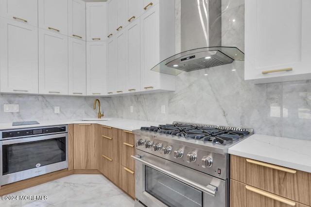 kitchen featuring tasteful backsplash, wall chimney exhaust hood, stainless steel appliances, sink, and white cabinetry