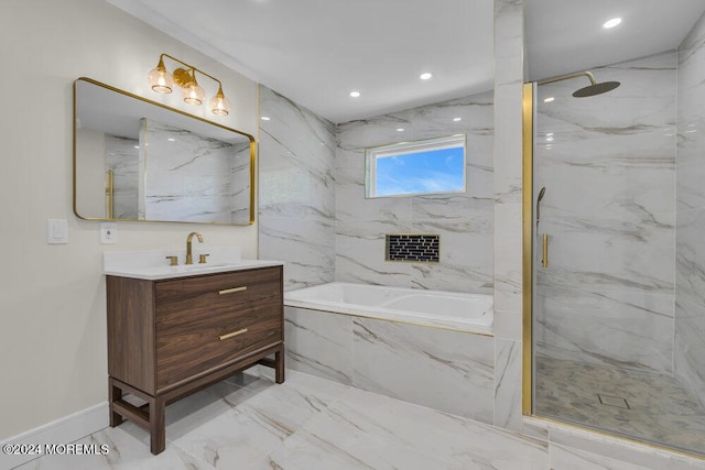 bathroom featuring vanity and plus walk in shower