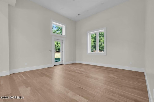 empty room featuring a high ceiling, a wealth of natural light, and light hardwood / wood-style flooring