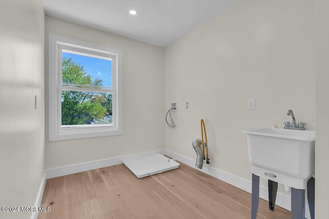 clothes washing area featuring washer hookup and light hardwood / wood-style flooring