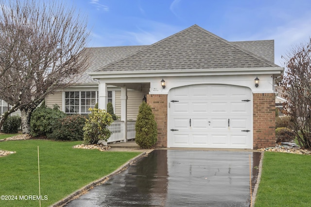 ranch-style home featuring a garage and a front lawn