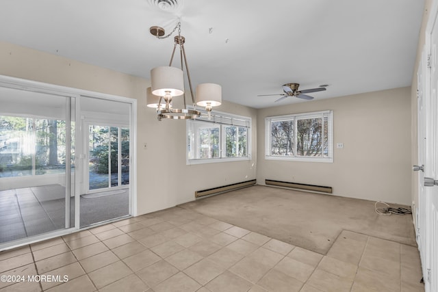 unfurnished dining area with ceiling fan with notable chandelier, light colored carpet, and a baseboard radiator