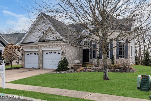 view of front of home featuring an attached garage, concrete driveway, brick siding, and a front yard