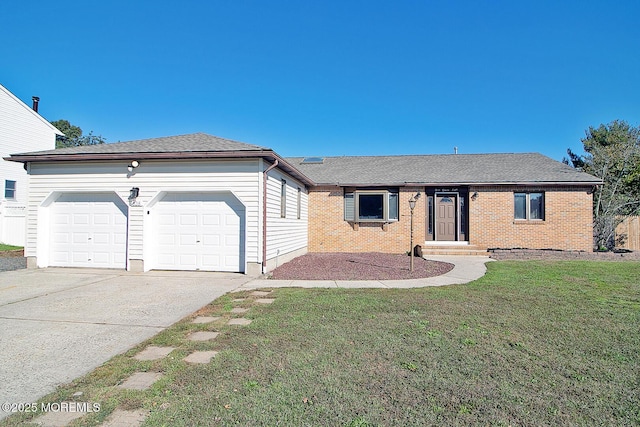 ranch-style home featuring an attached garage, brick siding, driveway, and a front lawn