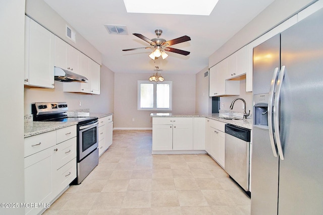 kitchen featuring visible vents, white cabinets, stainless steel appliances, under cabinet range hood, and a sink