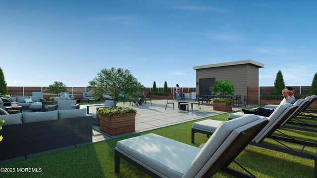 view of property's community featuring outdoor lounge area and a patio area