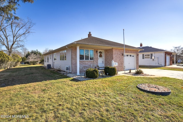 single story home featuring a front yard, a garage, and cooling unit