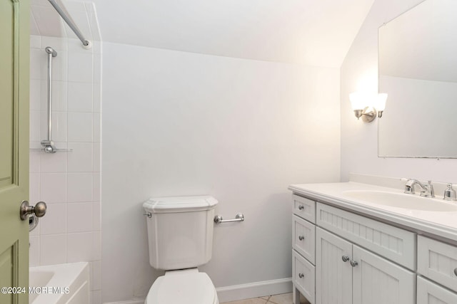 full bathroom featuring vanity, lofted ceiling, tile patterned floors, tiled shower / bath combo, and toilet