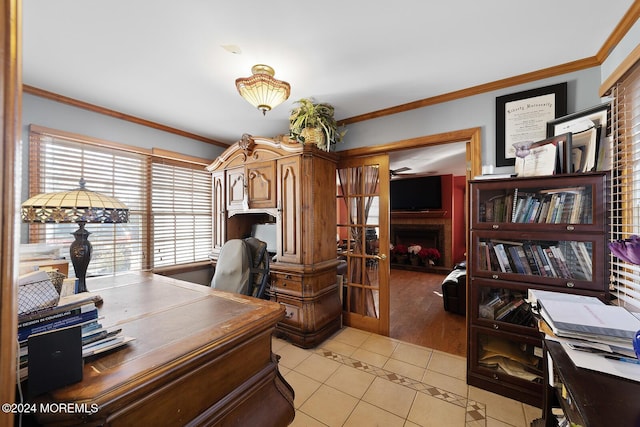 tiled home office featuring crown molding