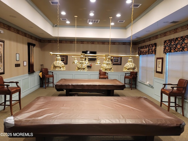 22 Winkle Ct, Whiting, NJ 08759 - game room with billiards, carpet floors, a decorative wall, a wainscoted wall, and ornamental molding