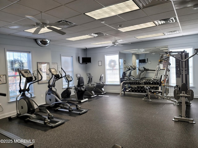 22 Winkle Ct, Whiting, NJ 08759 - gym featuring a ceiling fan, a drop ceiling, and baseboards