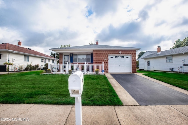 ranch-style home with a garage, covered porch, and a front yard