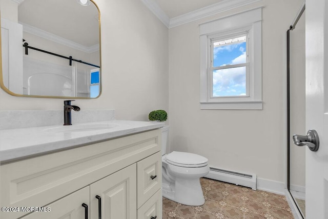 bathroom with a baseboard heating unit, vanity, ornamental molding, toilet, and walk in shower