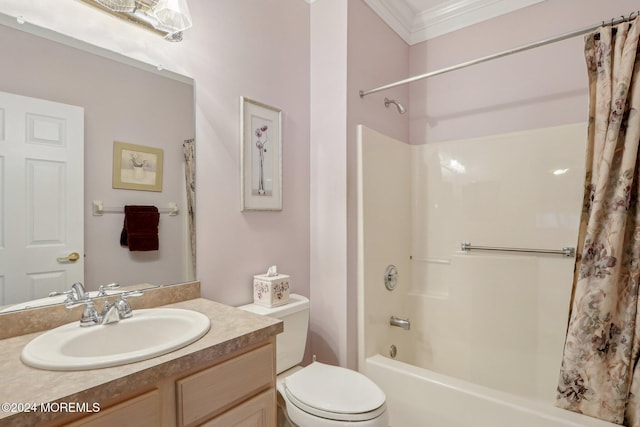 full bathroom featuring vanity, toilet, shower / bathtub combination with curtain, and crown molding