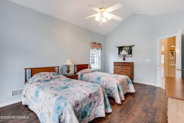 bedroom with high vaulted ceiling, ceiling fan, and dark wood-type flooring