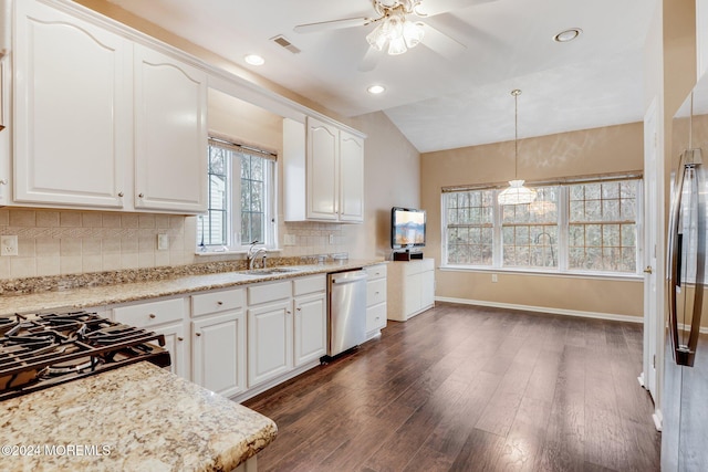 kitchen featuring pendant lighting, dishwasher, dark wood-type flooring, white cabinets, and tasteful backsplash