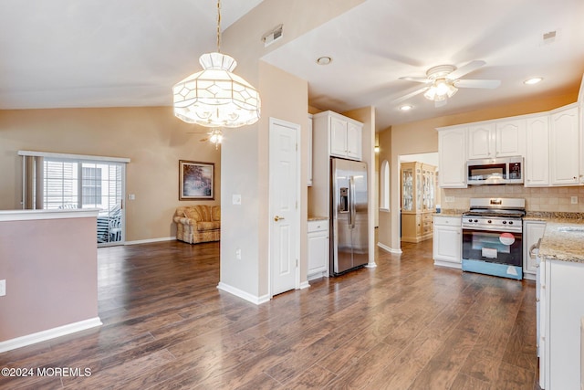 43 Spyglass Dr, Jackson, NJ 08527 - kitchen with appliances with stainless steel finishes, ceiling fan, dark wood-type flooring, white cabinets, and vaulted ceiling