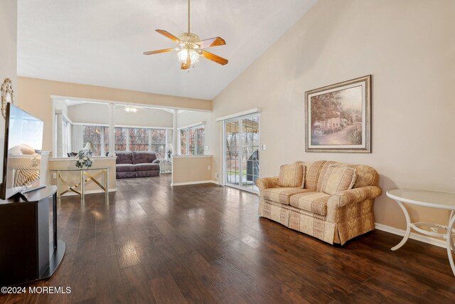 43 Spyglass Dr, Jackson, NJ 08527 - living room with a ceiling fan, wood finished floors, and high vaulted ceiling