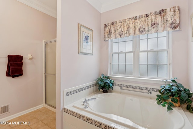 bathroom with crown molding, tile patterned flooring, and plus walk in shower