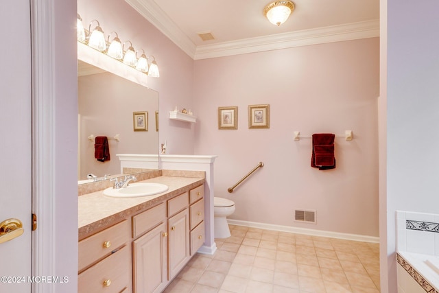 bathroom featuring tiled tub, crown molding, vanity, and toilet