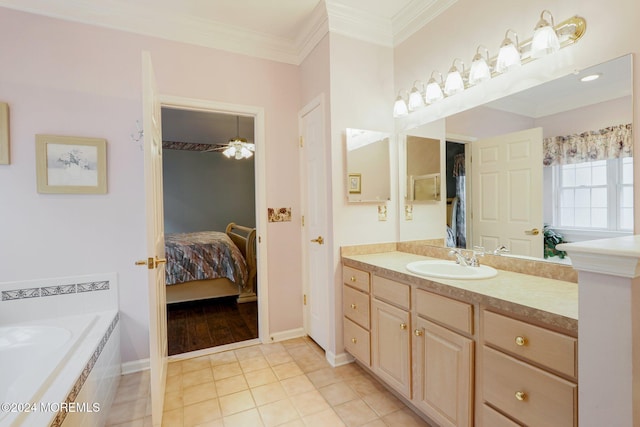 43 Spyglass Dr, Jackson, NJ 08527 - ensuite bathroom with vanity, tile patterned flooring, a relaxing tiled tub, and crown molding